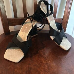 Dolce Vita black geometric heel ankle strap sandals, size 8